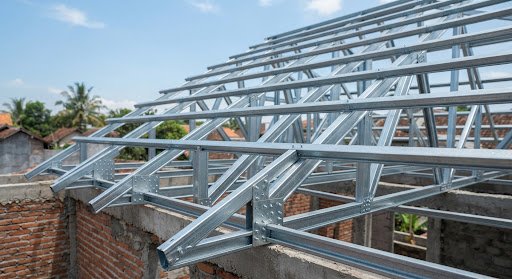 Close up architectural framing of galvanized lightweight cold-formed steel roof truss